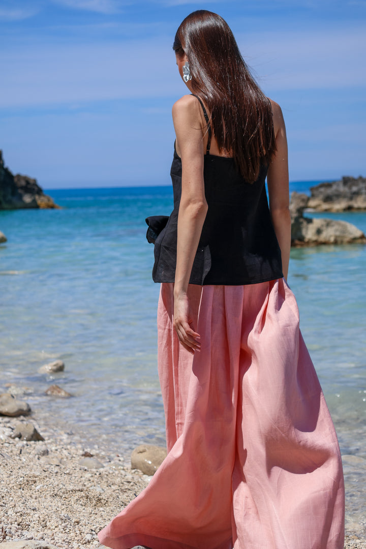 Black Linen Camisole Top with Ruffle