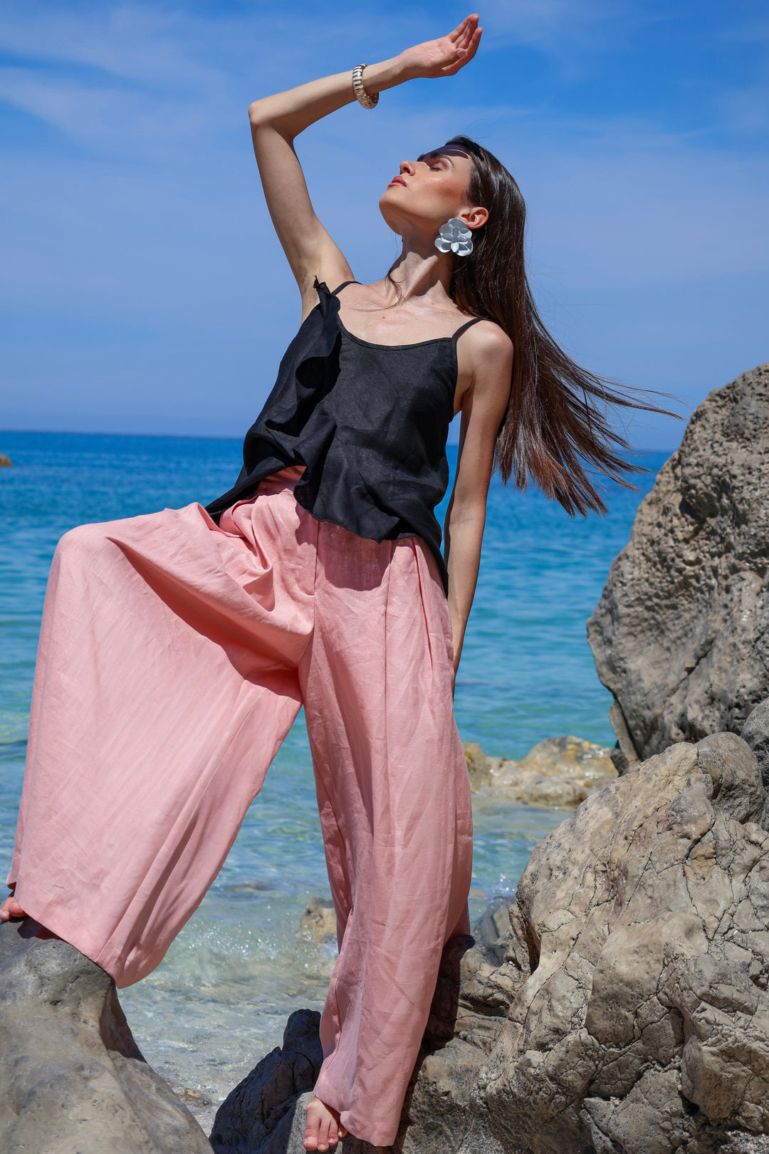 Black Linen Camisole Top with Ruffle