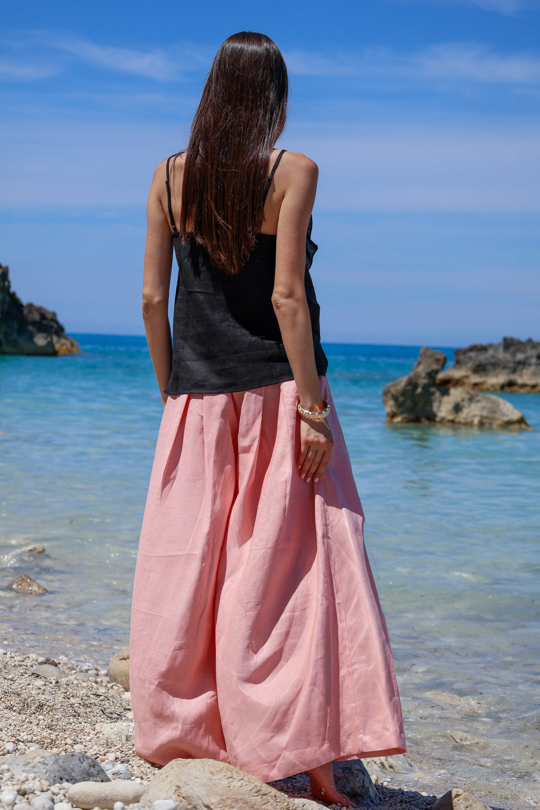 Black Linen Camisole Top with Ruffle