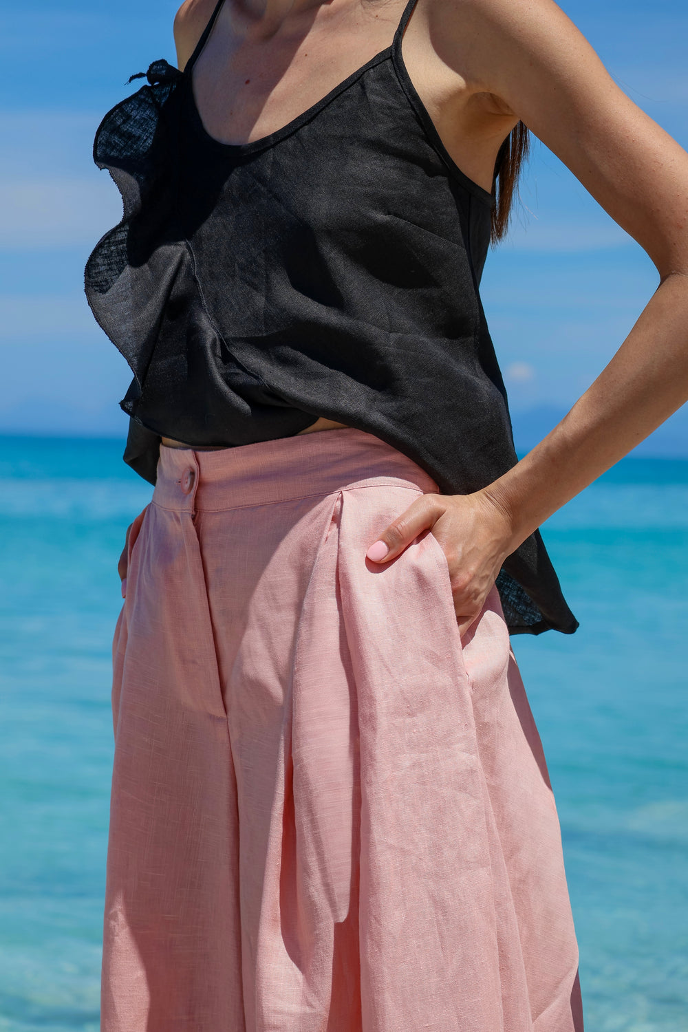 Wide leg linen skirt pants in Ash rose