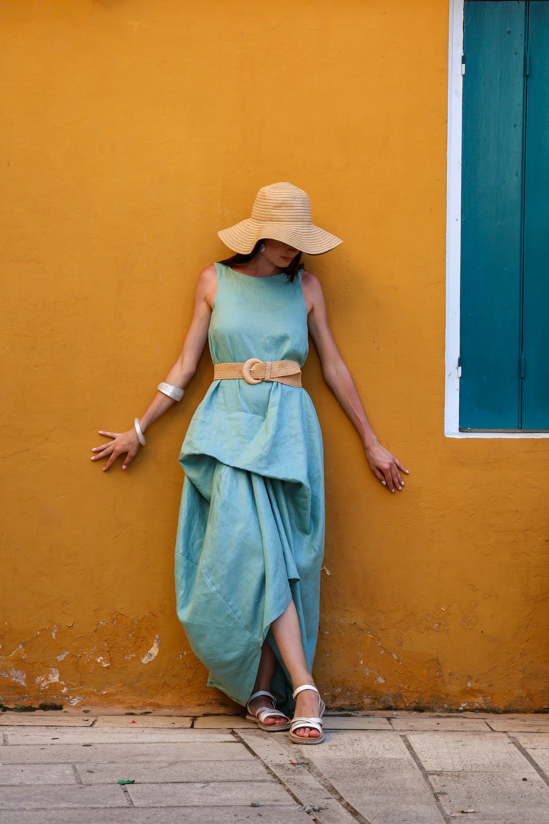 Asymmetrical Linen Maxi Dress in Green Tea
