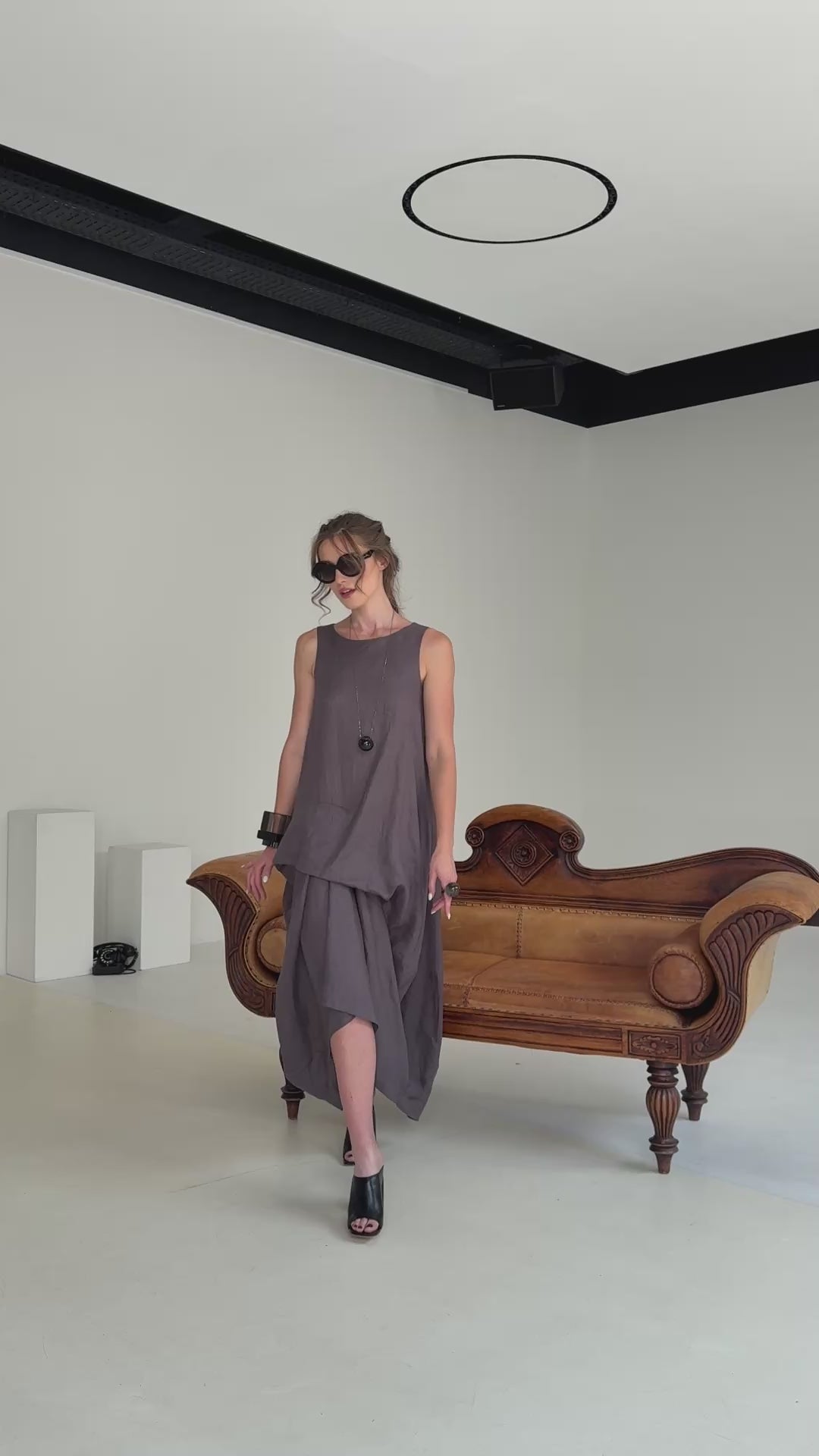 Asymmetrical Summer Linen Dress in Dark Grey