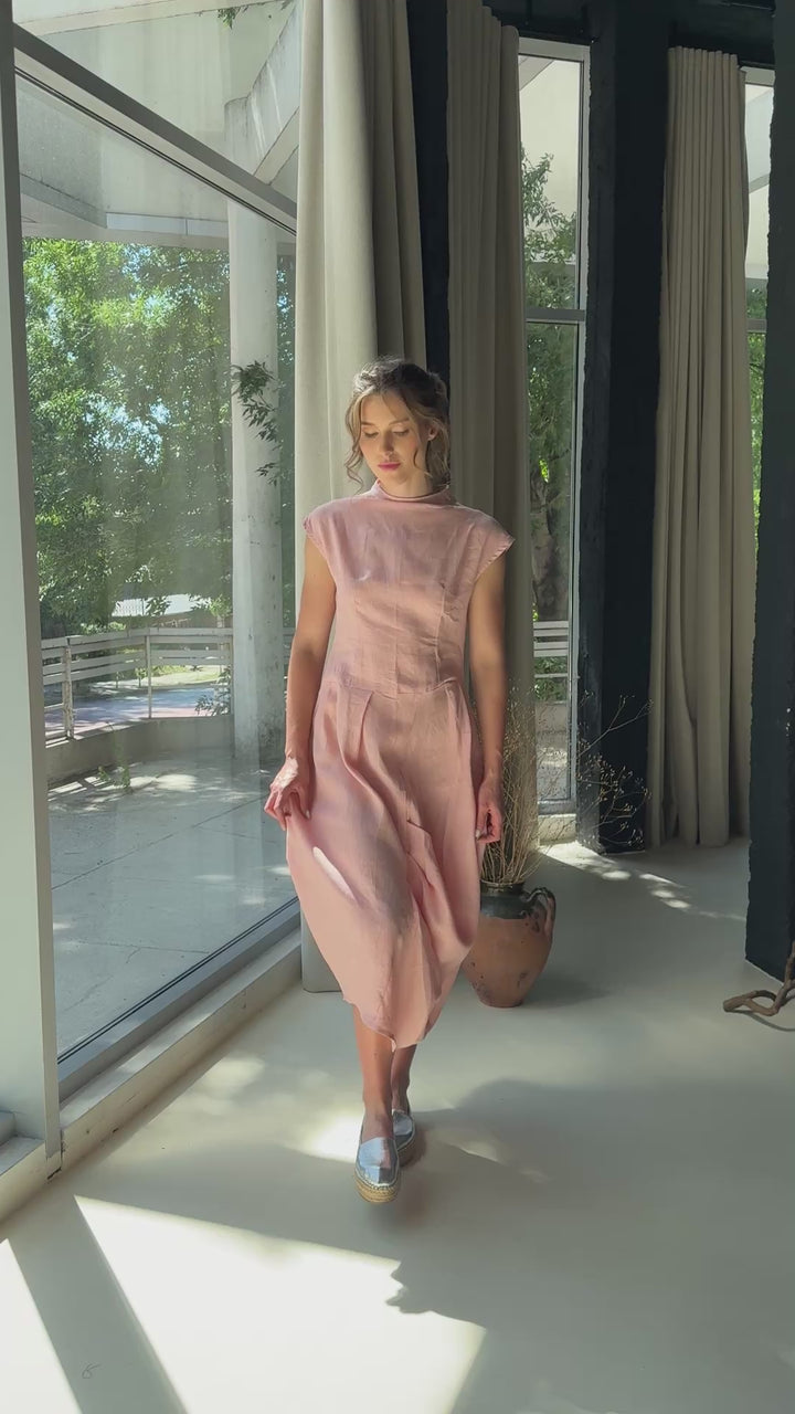 Ash Rose Linen Midi Dress – Pleated Asymmetric Sculptural Summer Dress