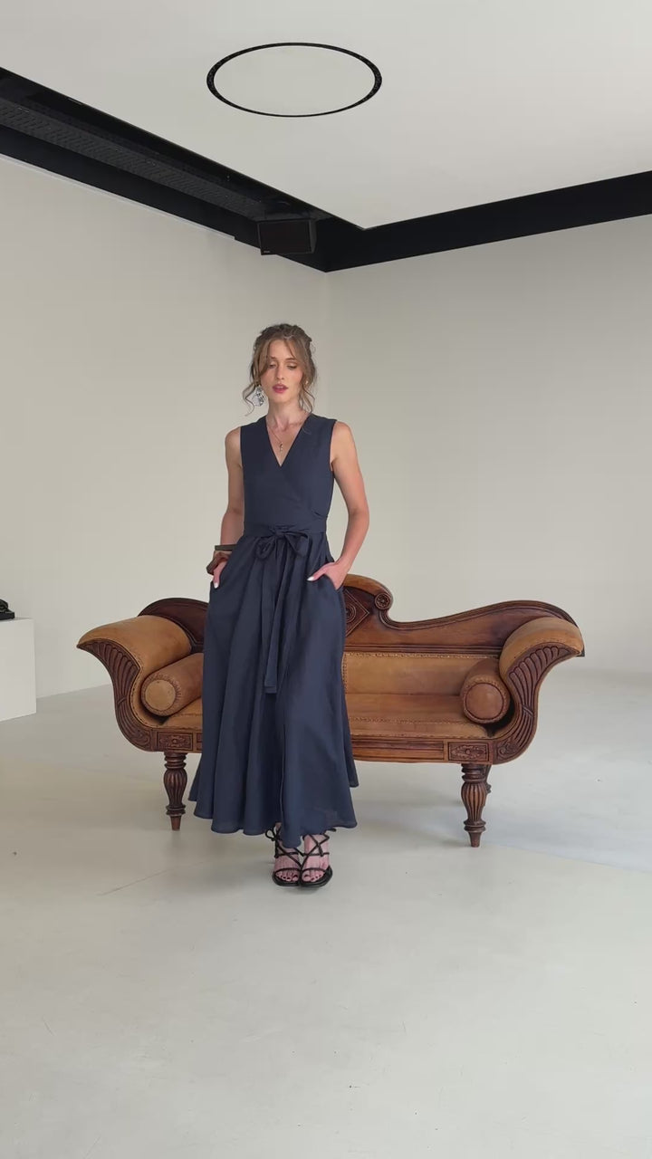 Pure Linen Wrap Maxi Dress in Dark Blue