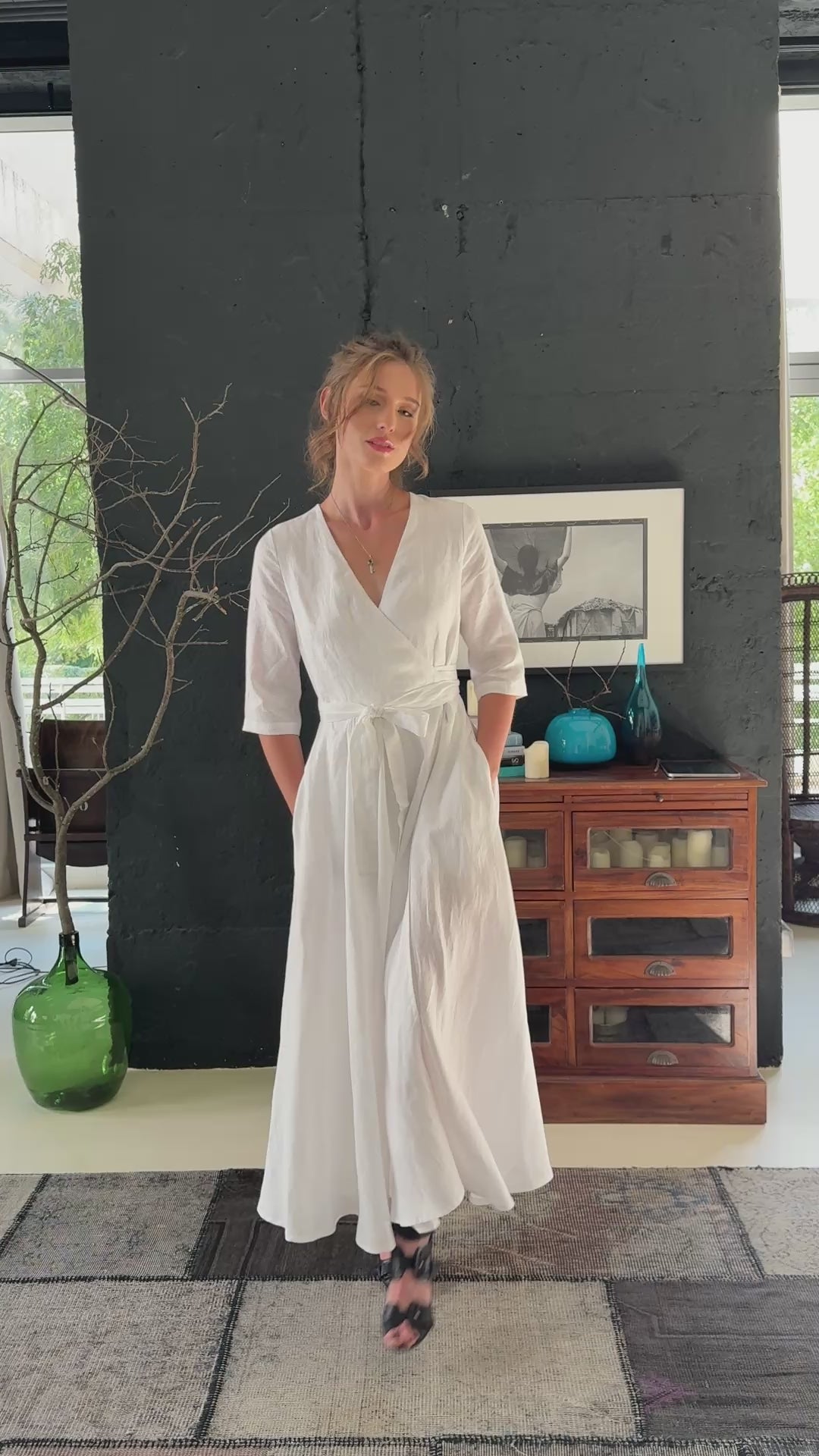 White Linen Wrap Maxi Dress with Circle Skirt