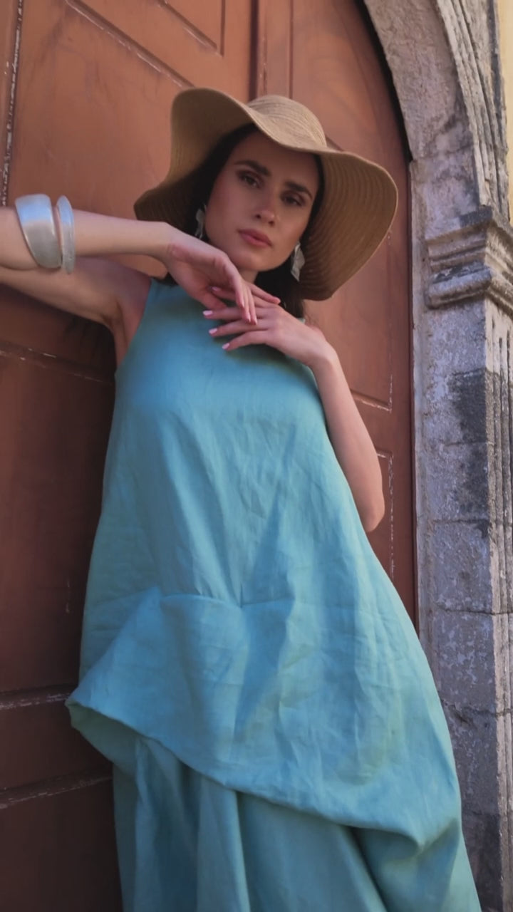 Asymmetrical Linen Maxi Dress in Green Tea