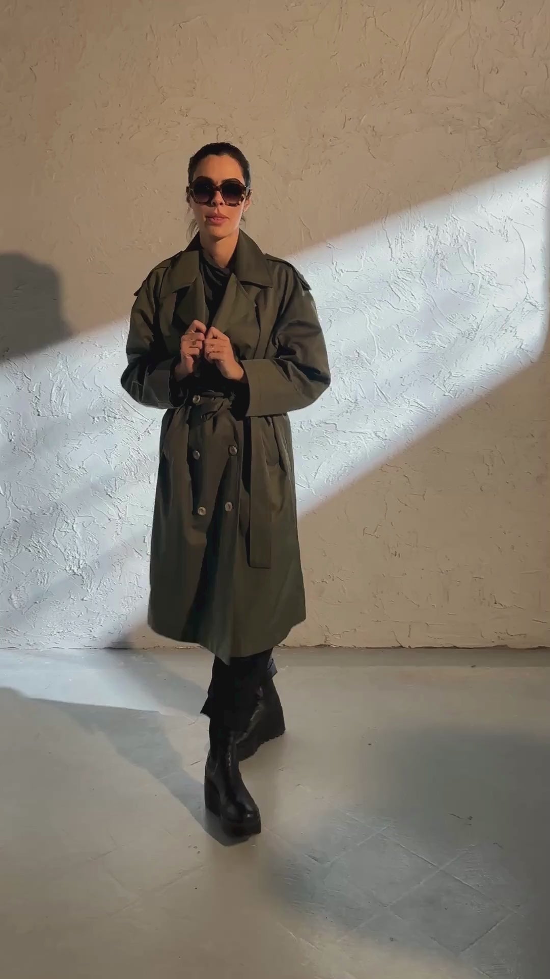 Double breasted trench coat in khaki green