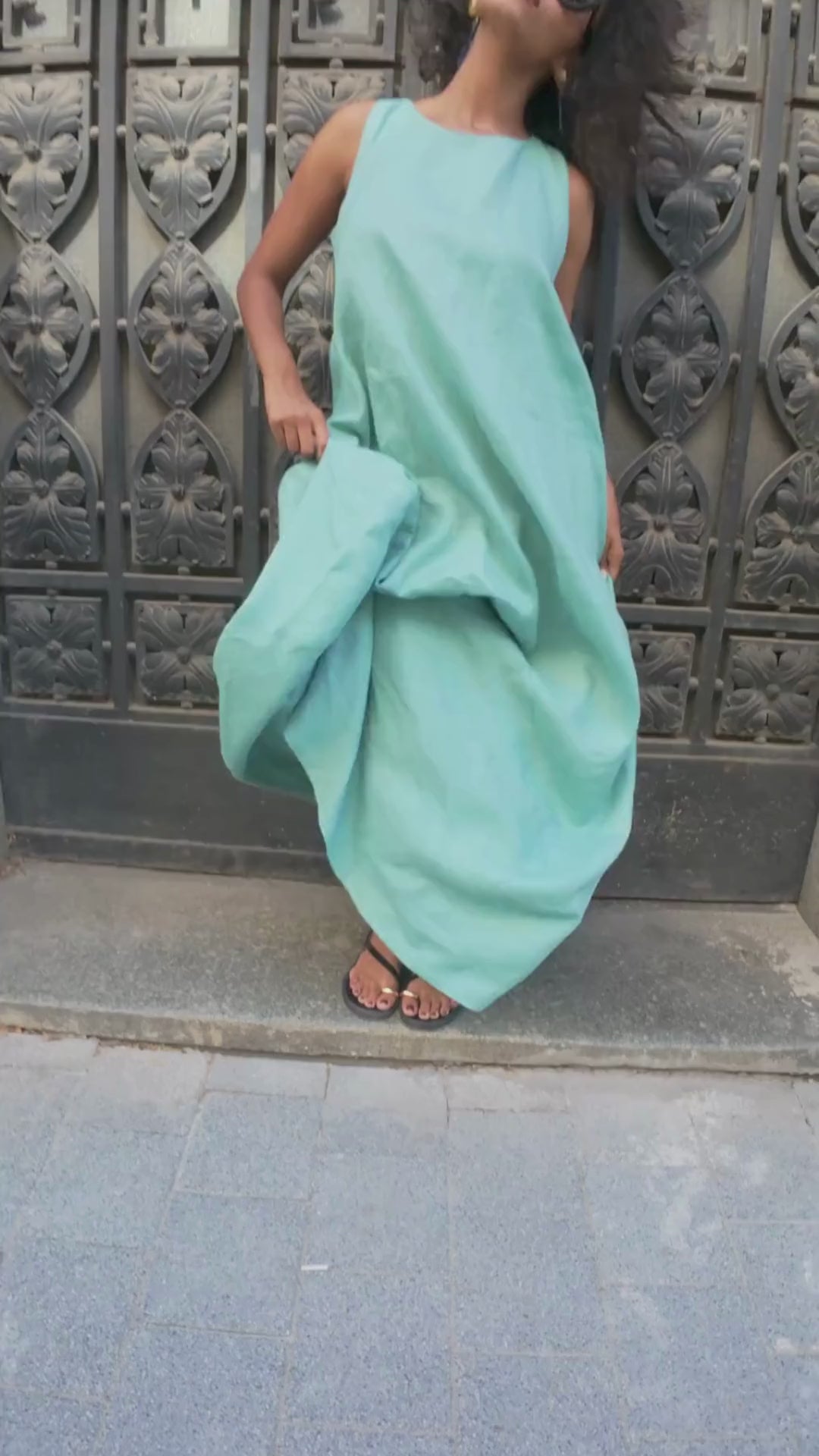 Green Tea Boho Linen Maxi Dress with Asymmetrical Drape