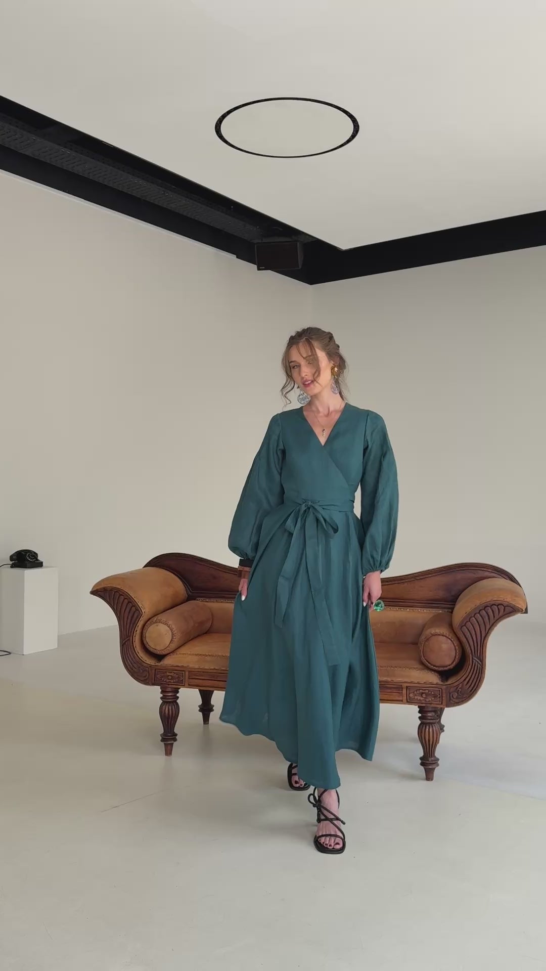Pure Linen Wrap Maxi Dress in Petroleum Blue