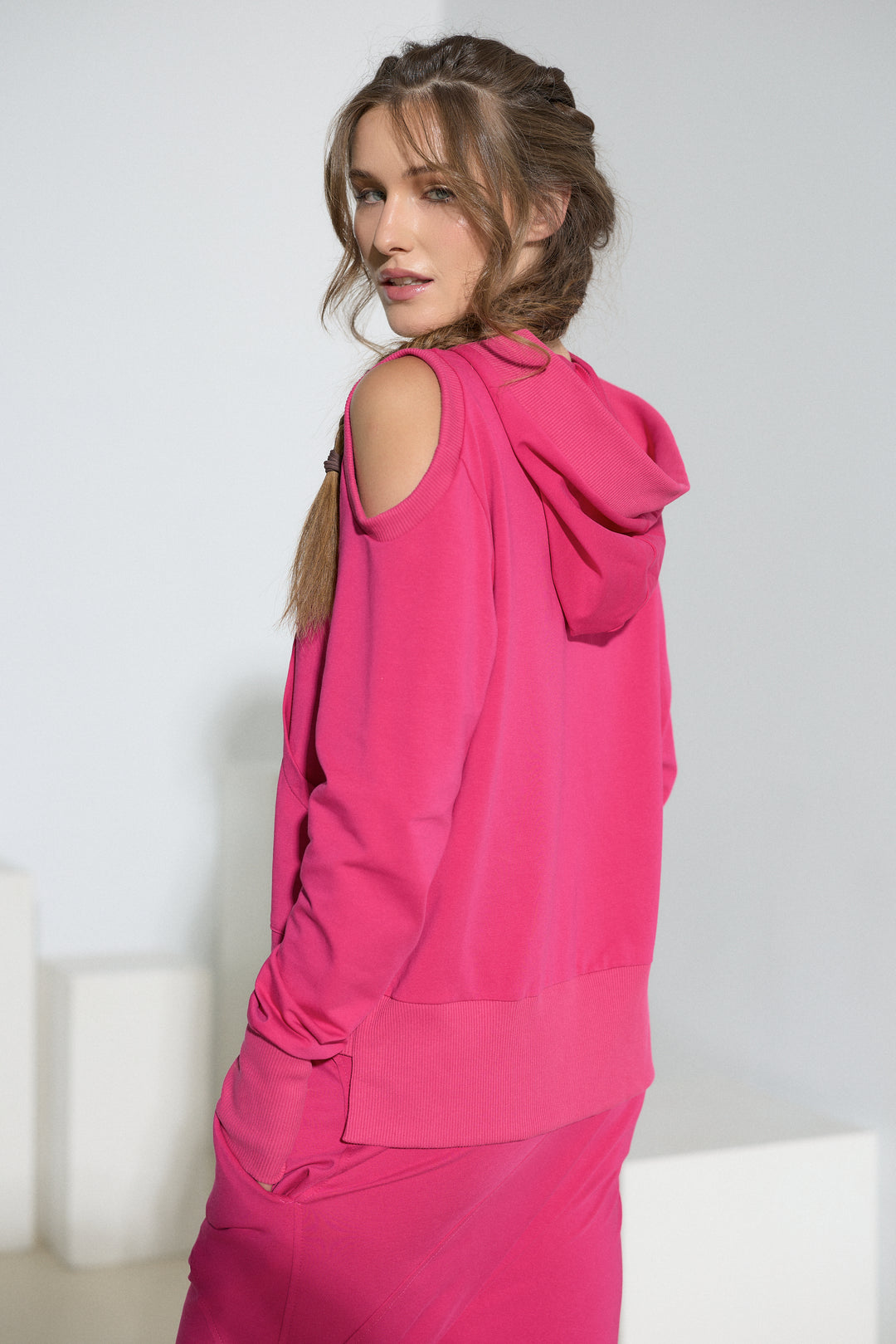 Asymmetrical Open Shoulder Cotton Hoodie with Thumbhole Sleeves