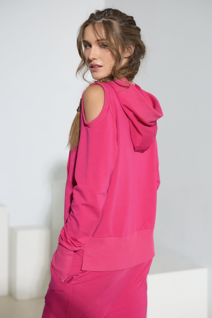 Asymmetrical Open Shoulder Cotton Hoodie with Thumbhole Sleeves