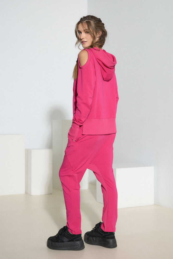 Asymmetrical Open Shoulder Cotton Hoodie with Thumbhole Sleeves