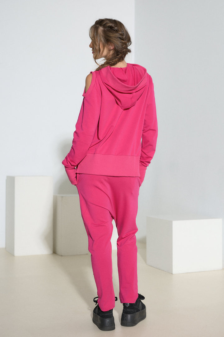Asymmetrical Open Shoulder Cotton Hoodie with Thumbhole Sleeves