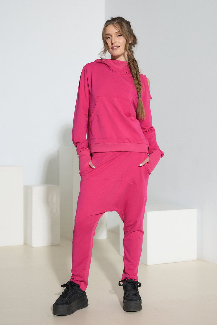 Asymmetrical Open Shoulder Cotton Hoodie with Thumbhole Sleeves