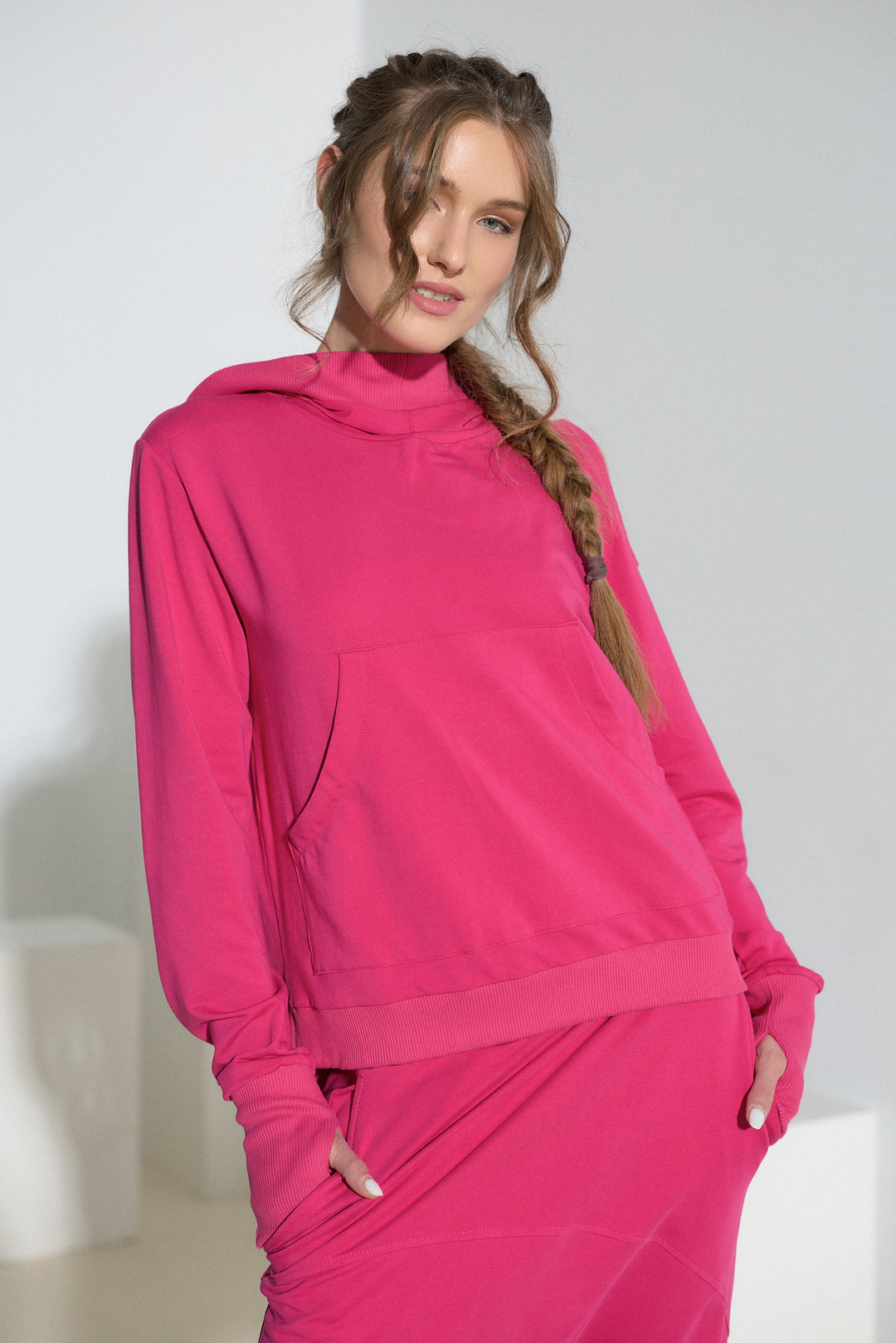 Asymmetrical Open Shoulder Cotton Hoodie with Thumbhole Sleeves