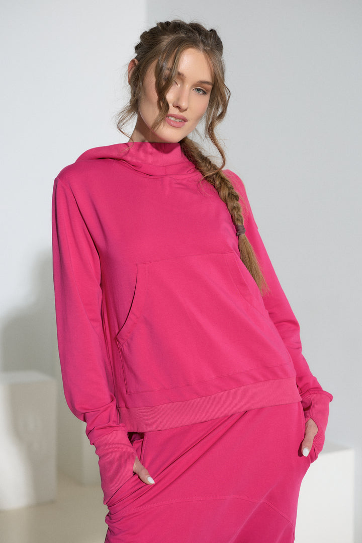 Asymmetrical Open Shoulder Cotton Hoodie with Thumbhole Sleeves