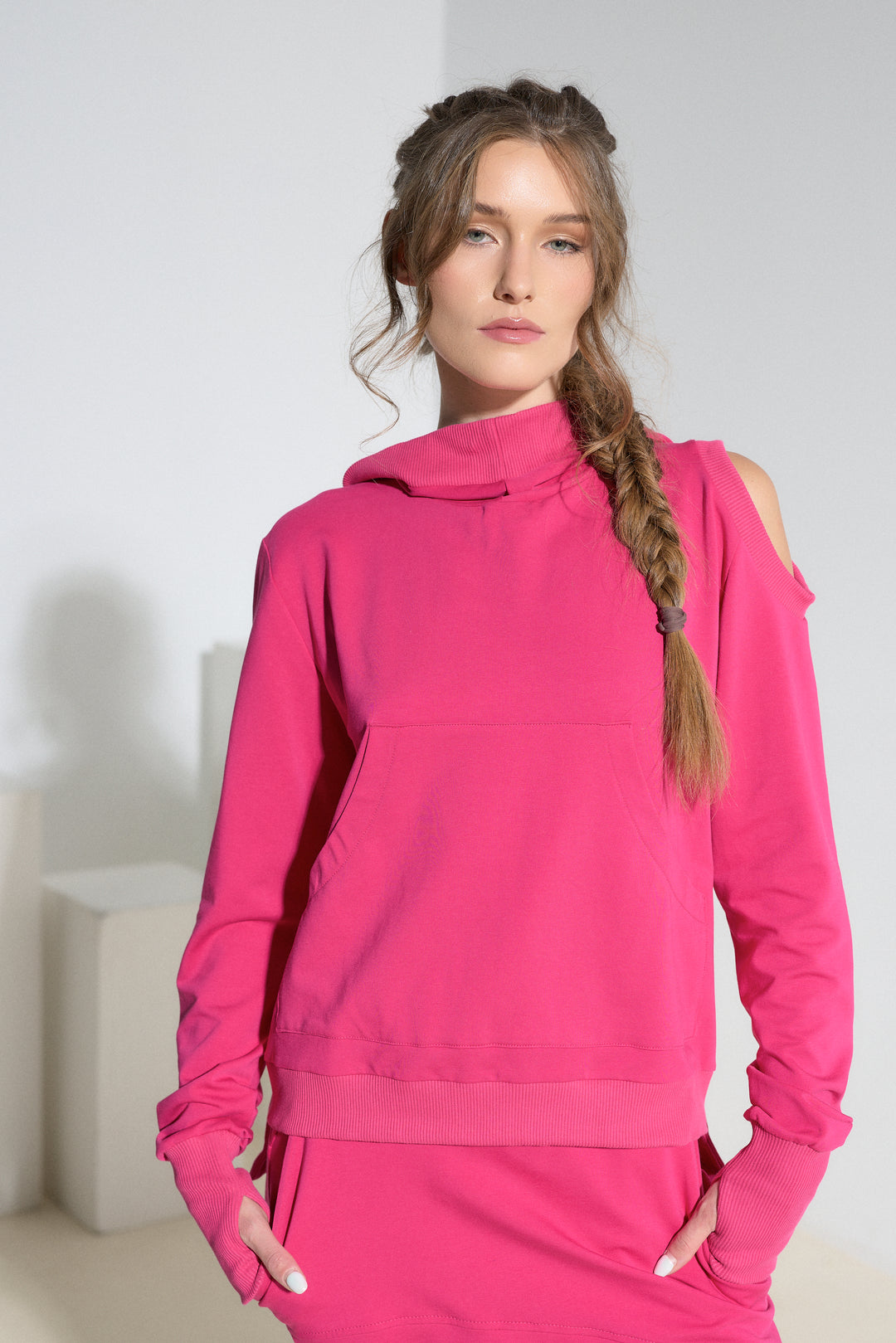 Asymmetrical Open Shoulder Cotton Hoodie with Thumbhole Sleeves