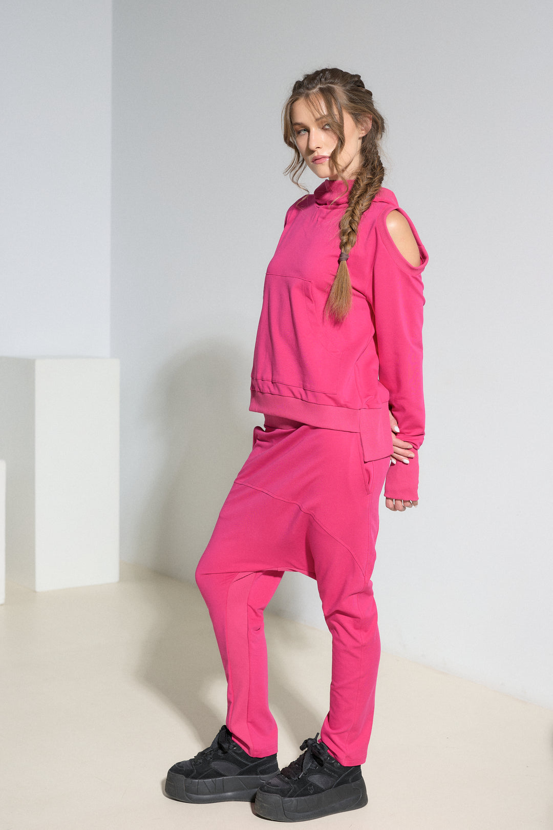 Asymmetrical Open Shoulder Cotton Hoodie with Thumbhole Sleeves