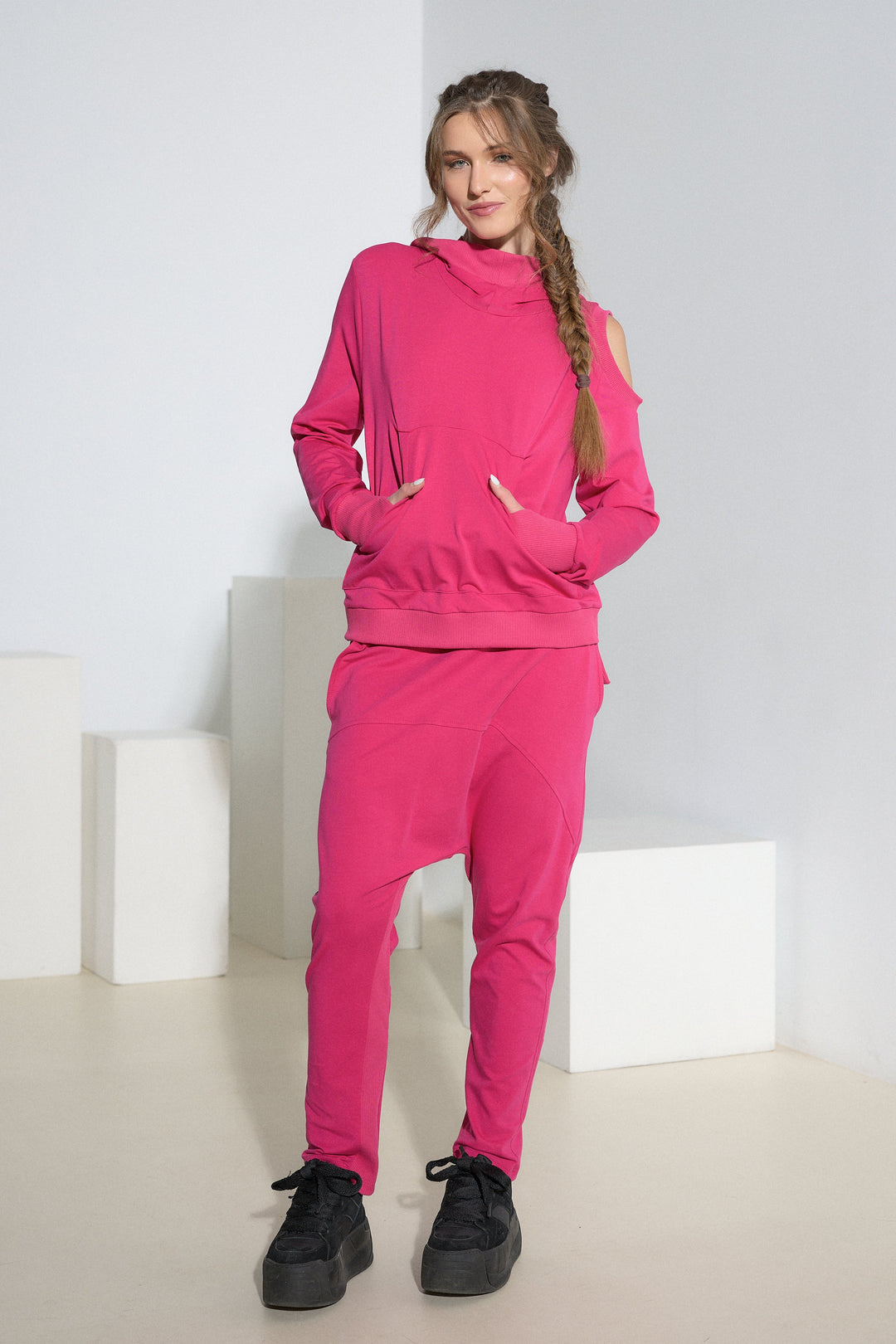 Asymmetrical Open Shoulder Cotton Hoodie with Thumbhole Sleeves