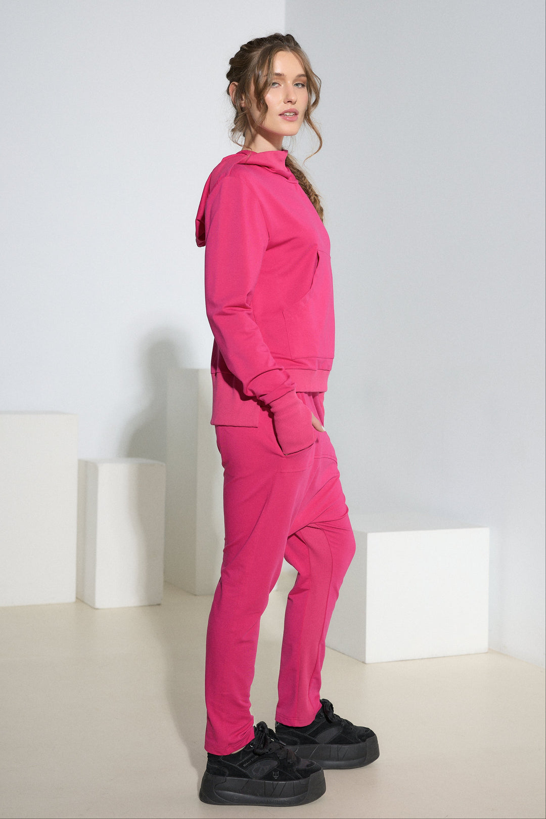 Asymmetrical Open Shoulder Cotton Hoodie with Thumbhole Sleeves