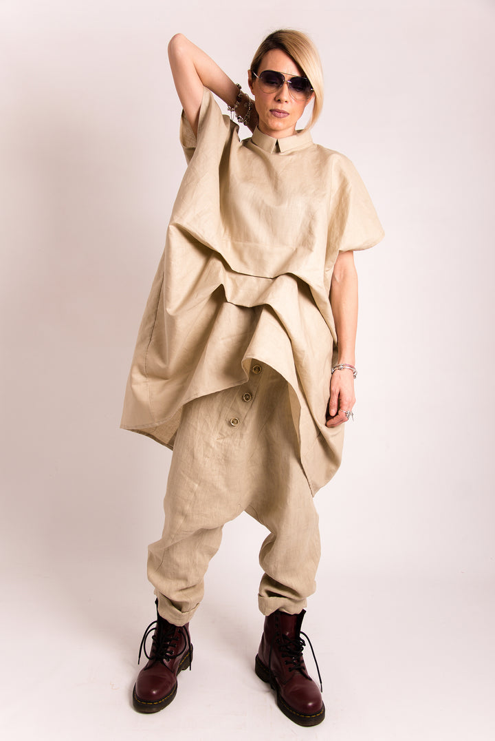 Beige Organic Linen Harem Pants