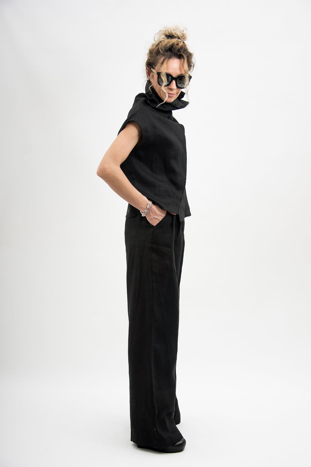 Black High Waisted Wide Leg Organic Linen Pants