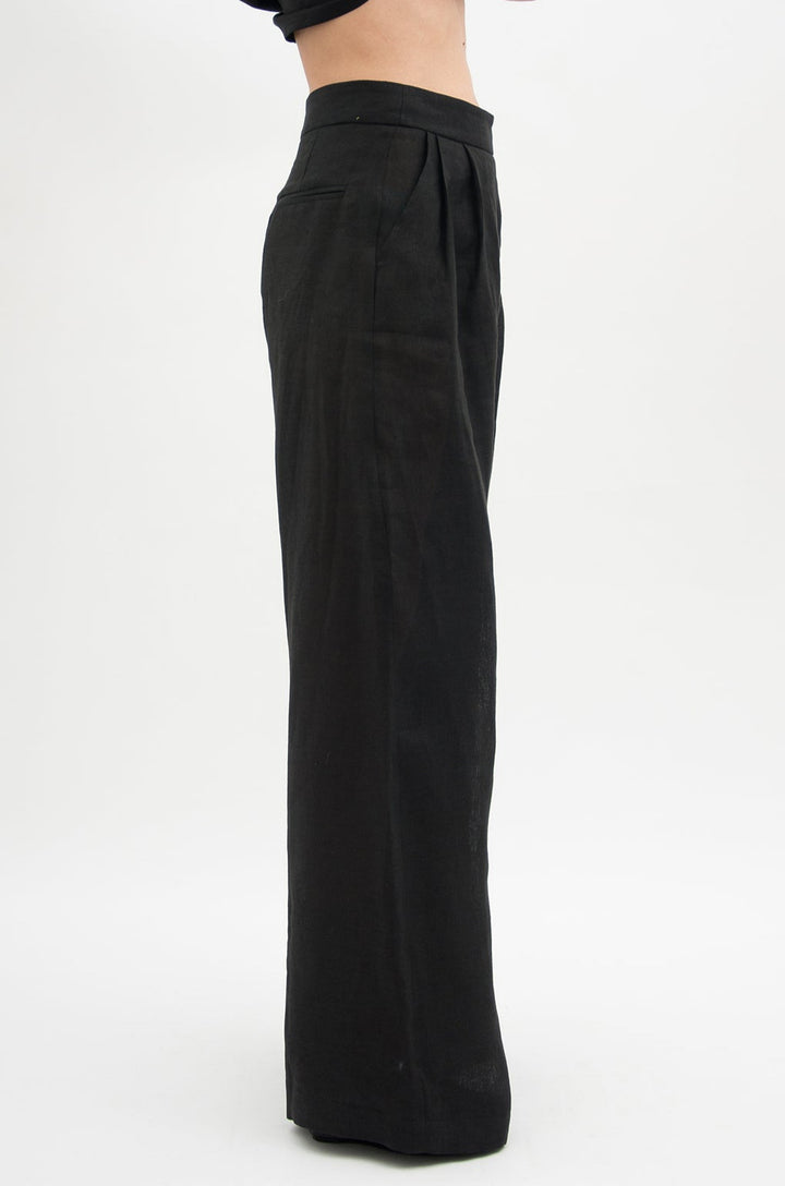 Black High Waisted Wide Leg Organic Linen Pants