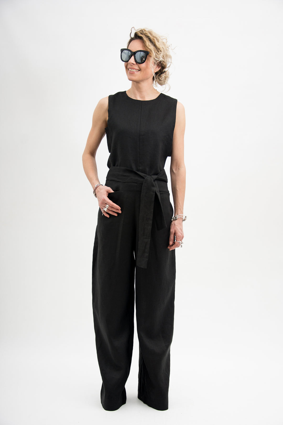 Black Linen Jumpsuit with Belt