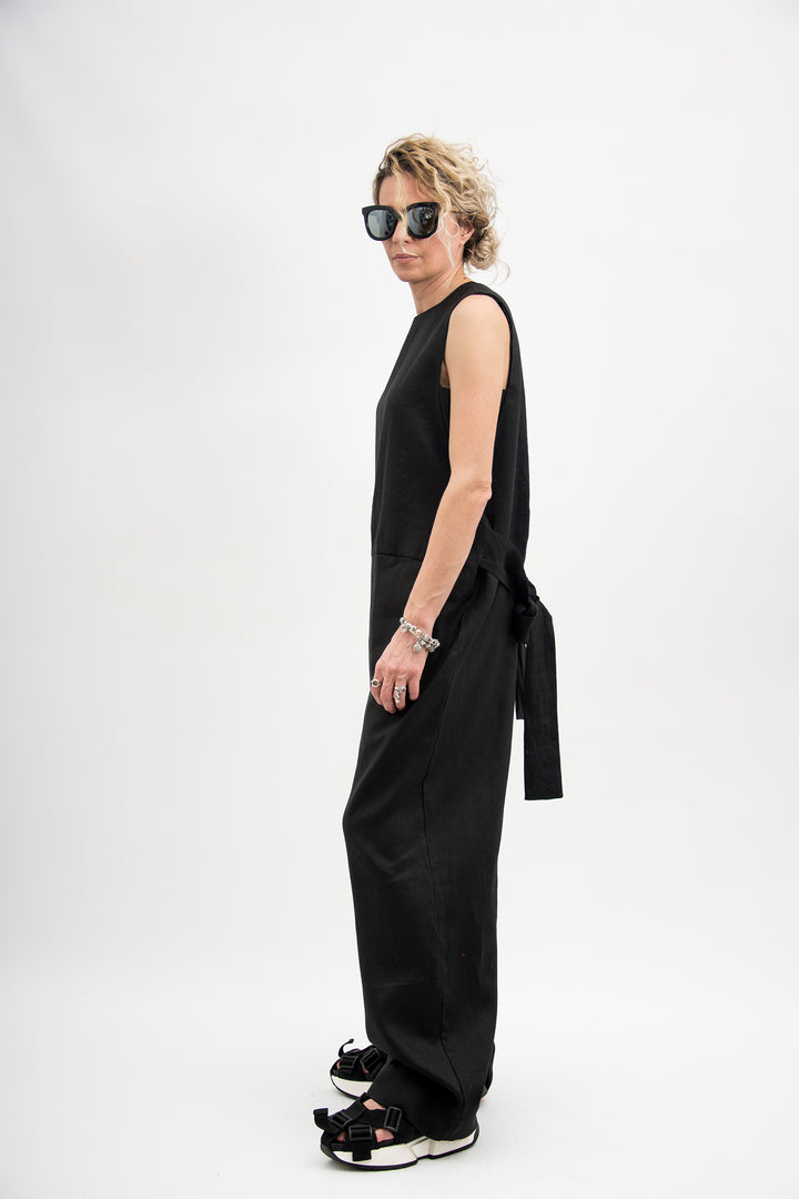 Black Linen Jumpsuit with Belt