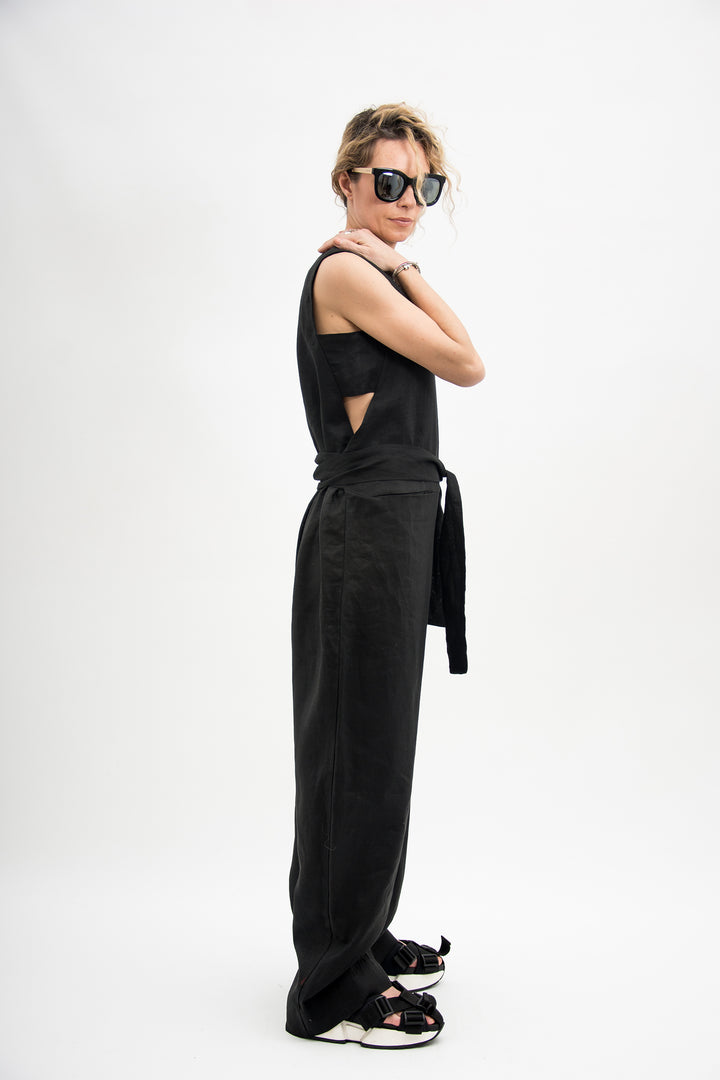 Black Linen Jumpsuit with Belt