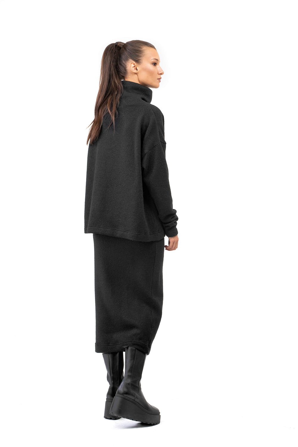 Wool Knit Set of Long Black Skirt and Oversized Blouse