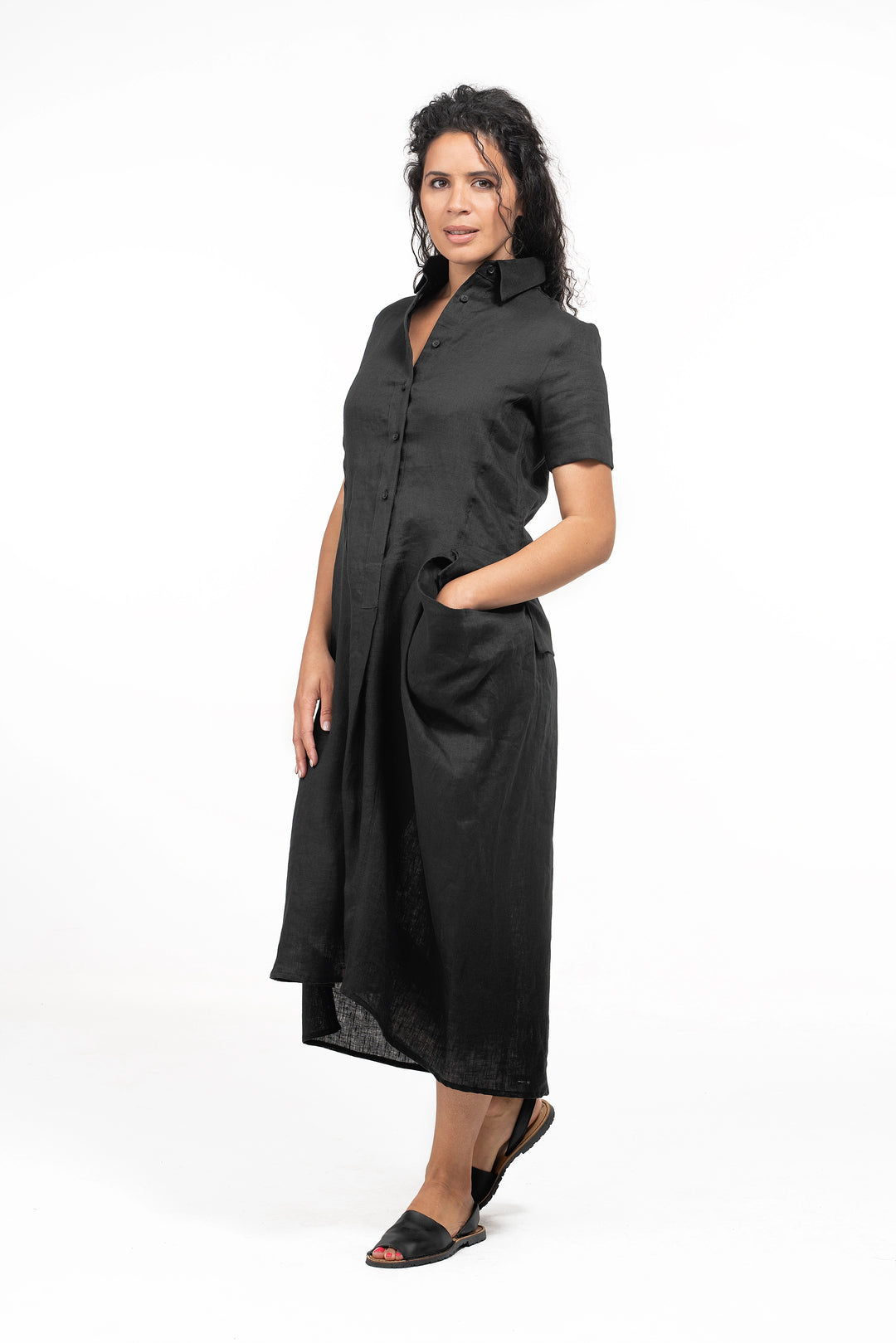 Black Linen Summer Midi Dress