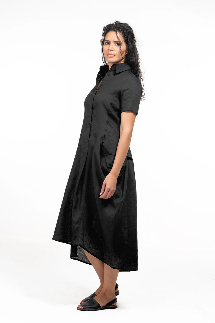 Black Linen Summer Midi Dress