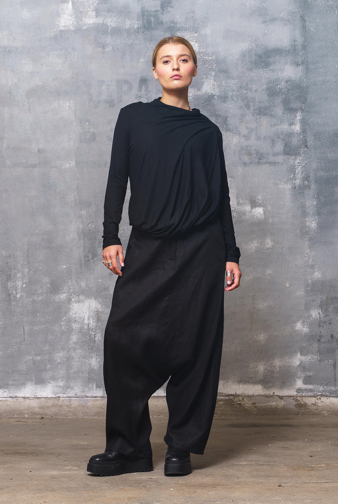 Black Organic Linen Drop Crotch Pants