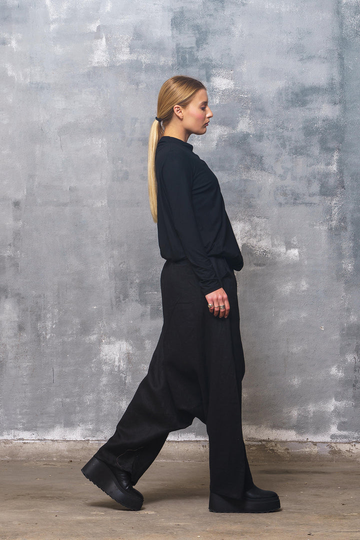 Black Organic Linen Drop Crotch Pants