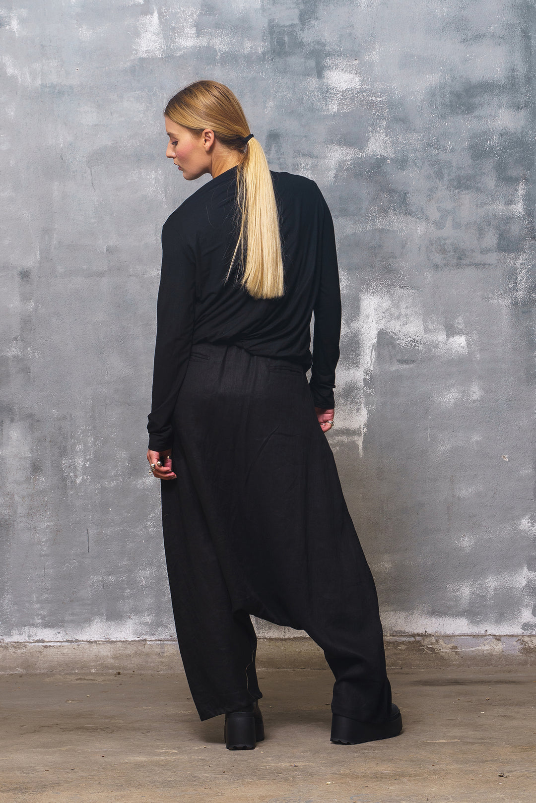 Black Organic Linen Drop Crotch Pants