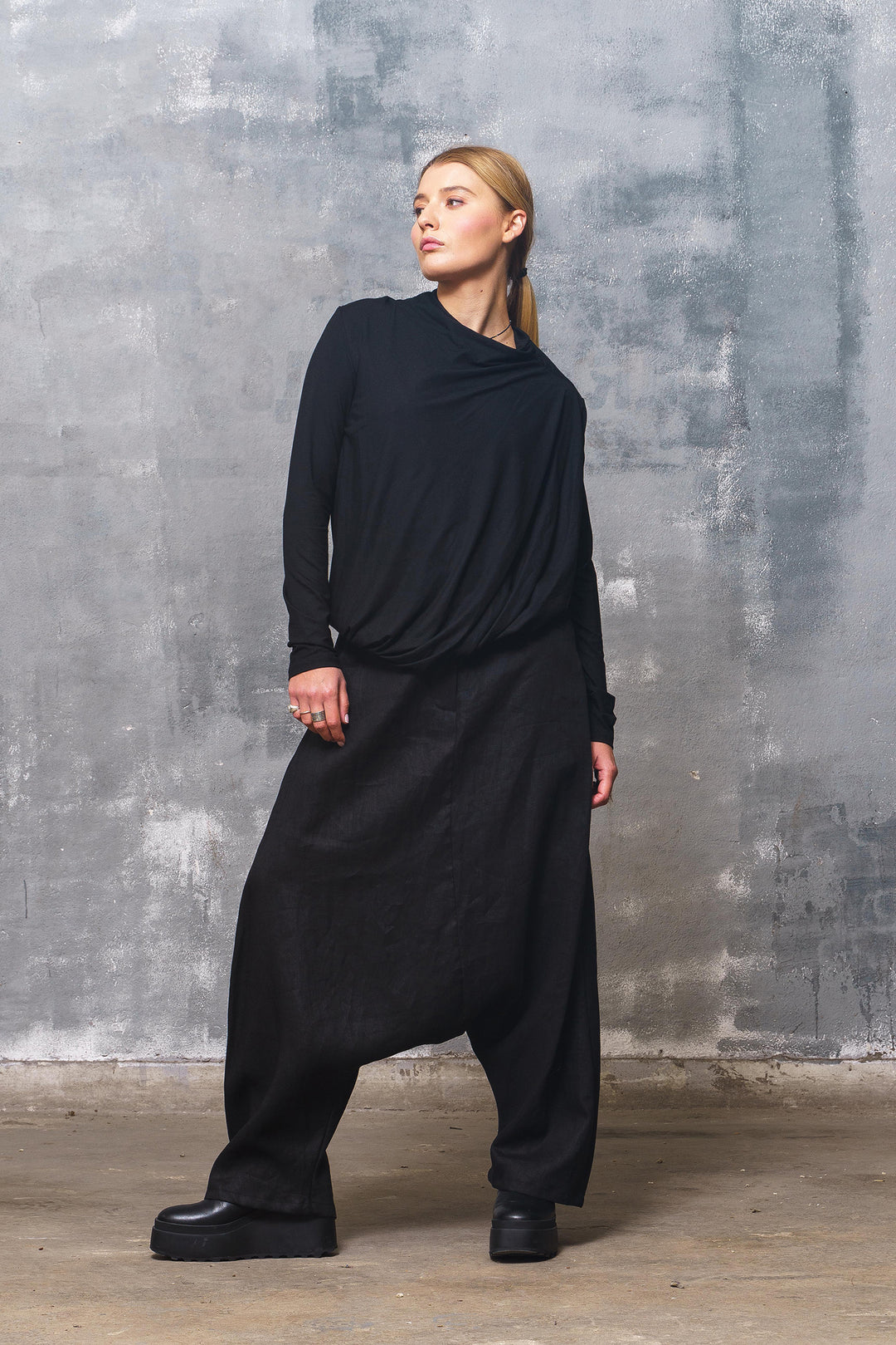 Black Organic Linen Drop Crotch Pants