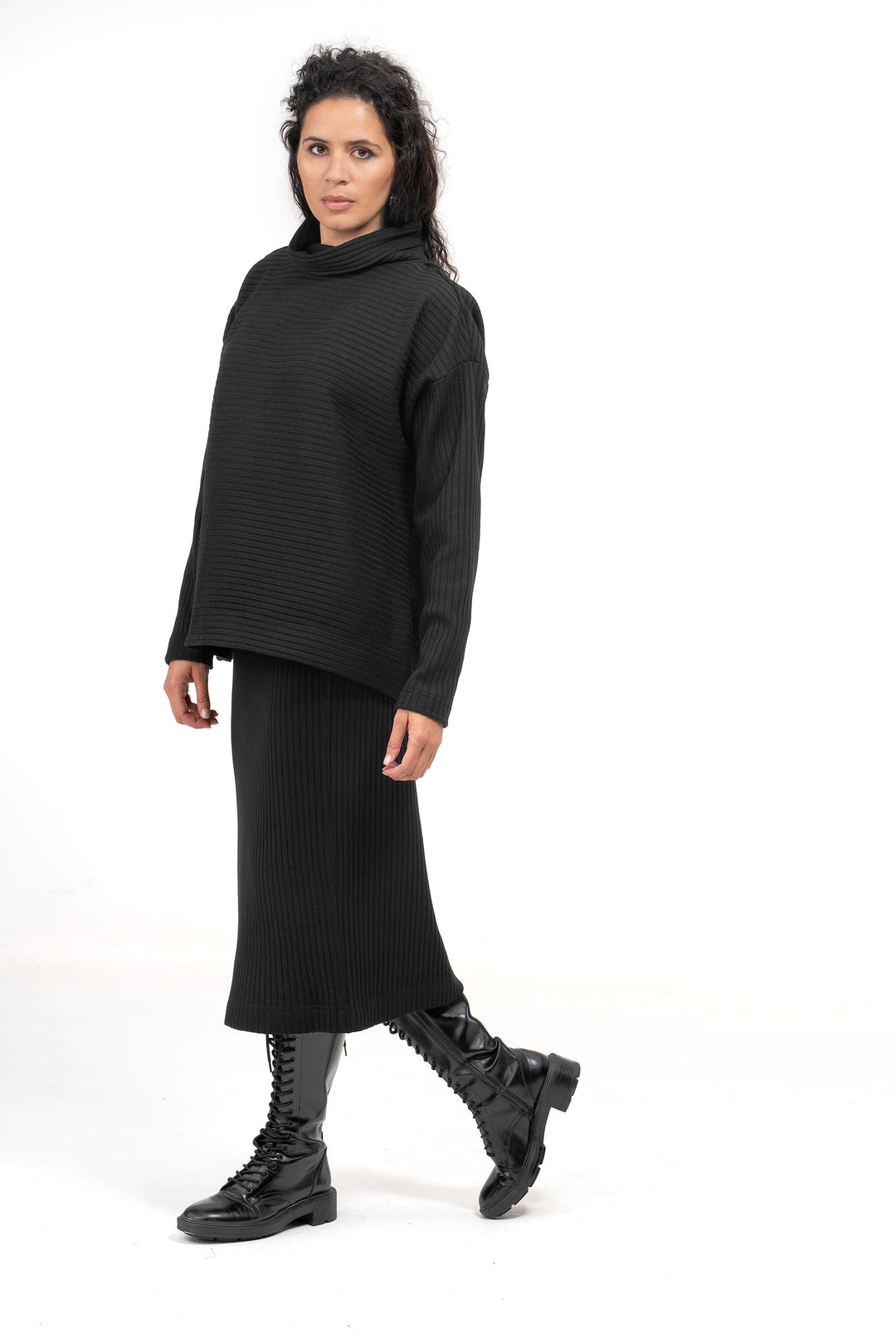 Ribbed knit set of pencil skirt and oversized turtleneck sweater