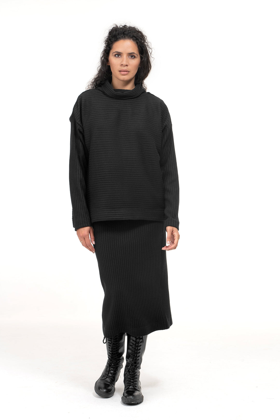 Ribbed knit set of pencil skirt and oversized turtleneck sweater