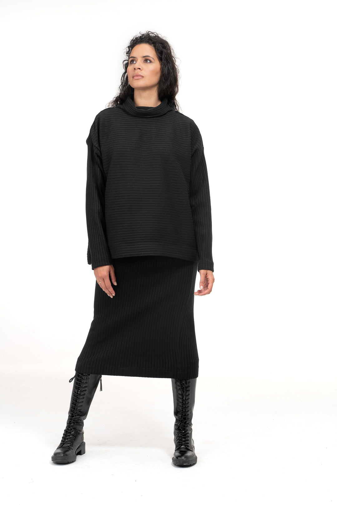 Ribbed knit set of pencil skirt and oversized turtleneck sweater