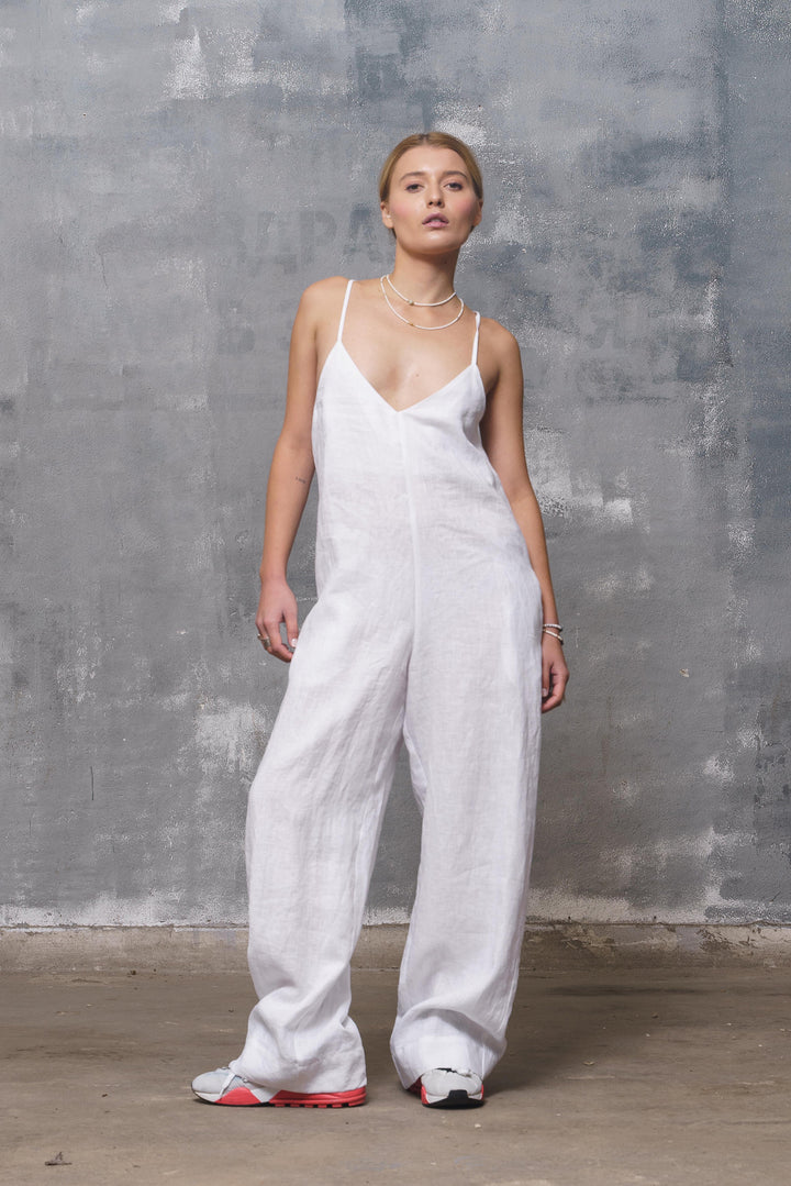 Backless White Linen Jumpsuit with Straps