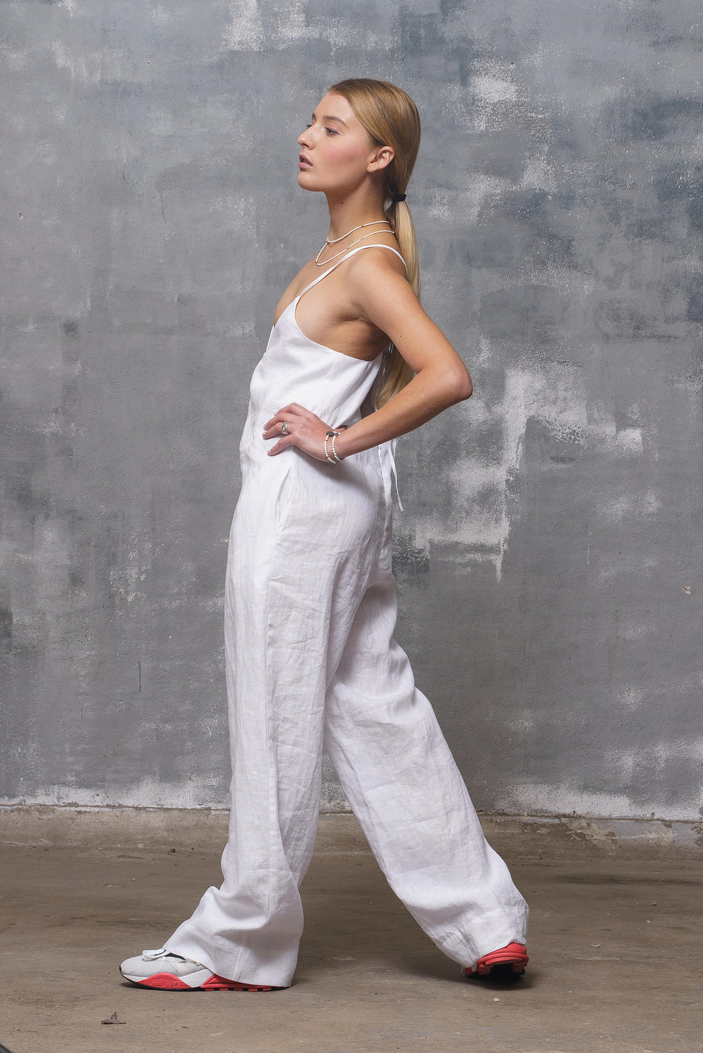 Backless White Linen Jumpsuit with Straps