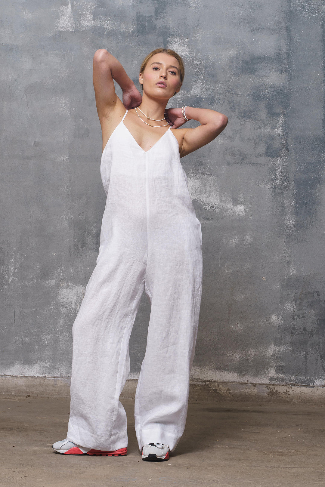 Backless White Linen Jumpsuit with Straps