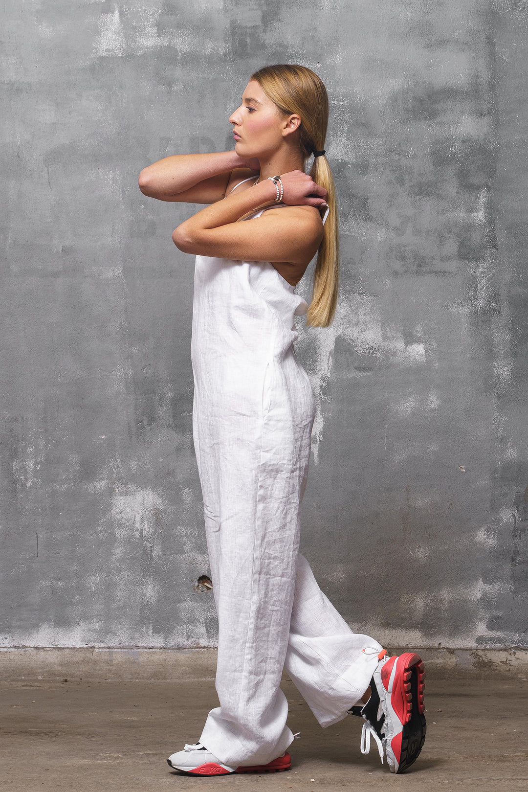 Backless White Linen Jumpsuit with Straps