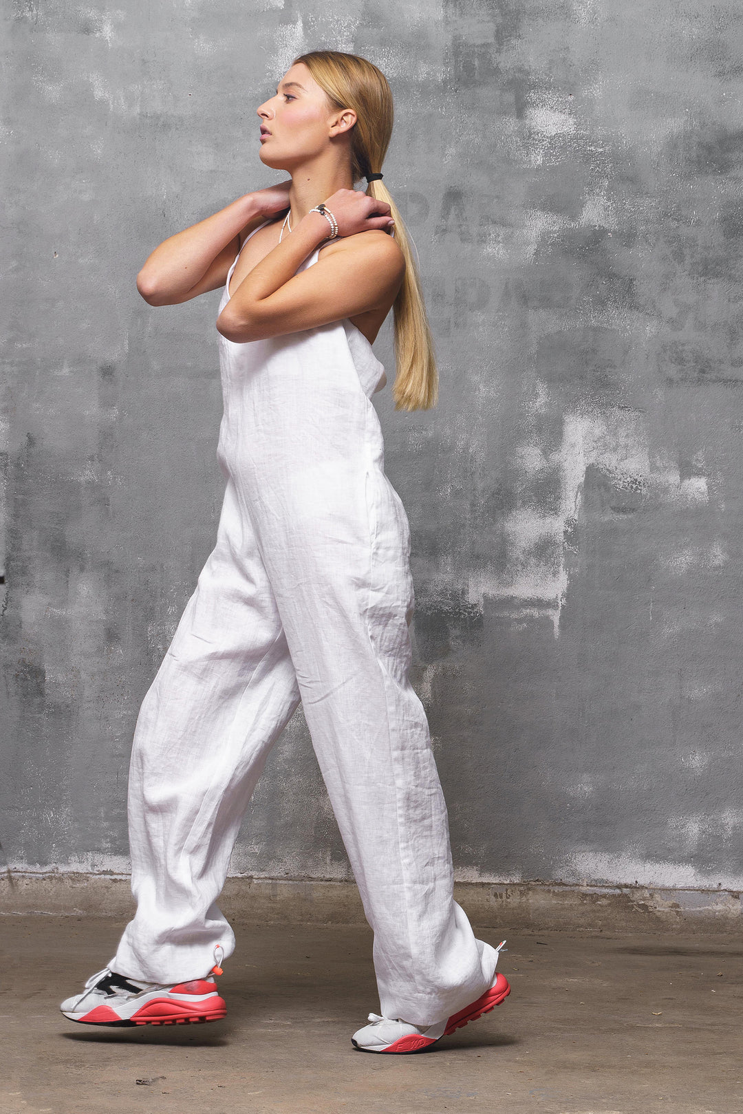 Backless White Linen Jumpsuit with Straps