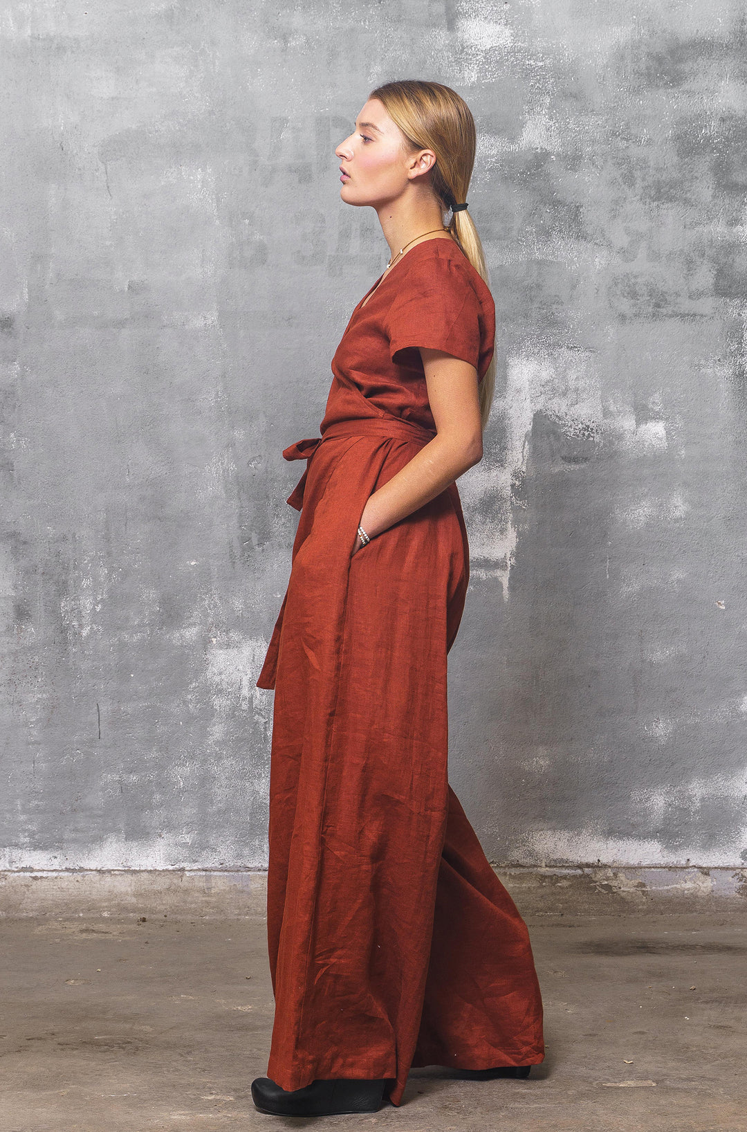 Brick Red Wrap Linen Jumpsuit Women