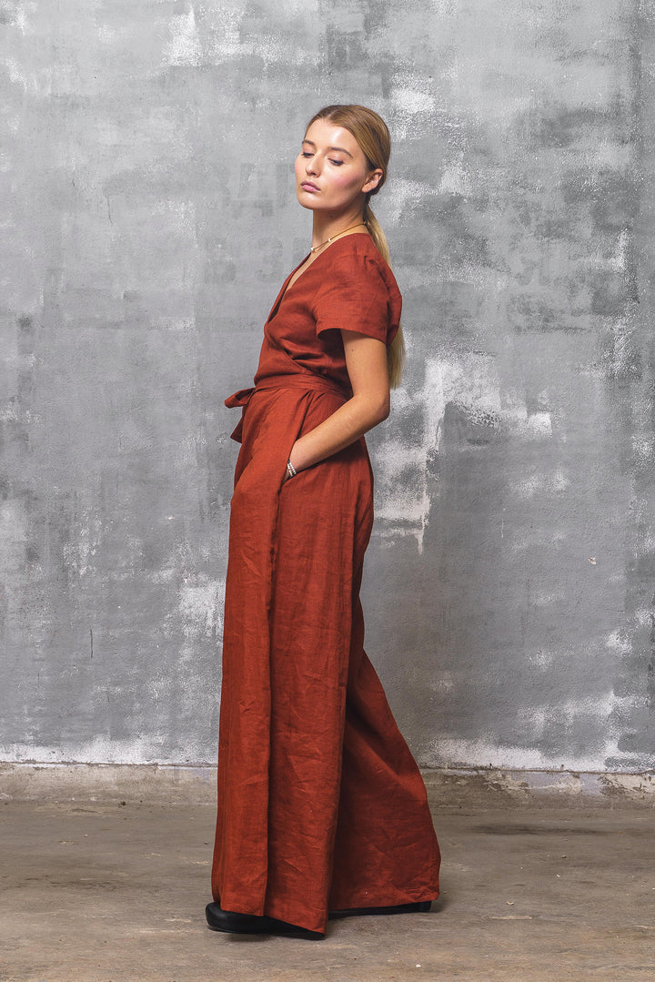 Brick Red Wrap Linen Jumpsuit Women