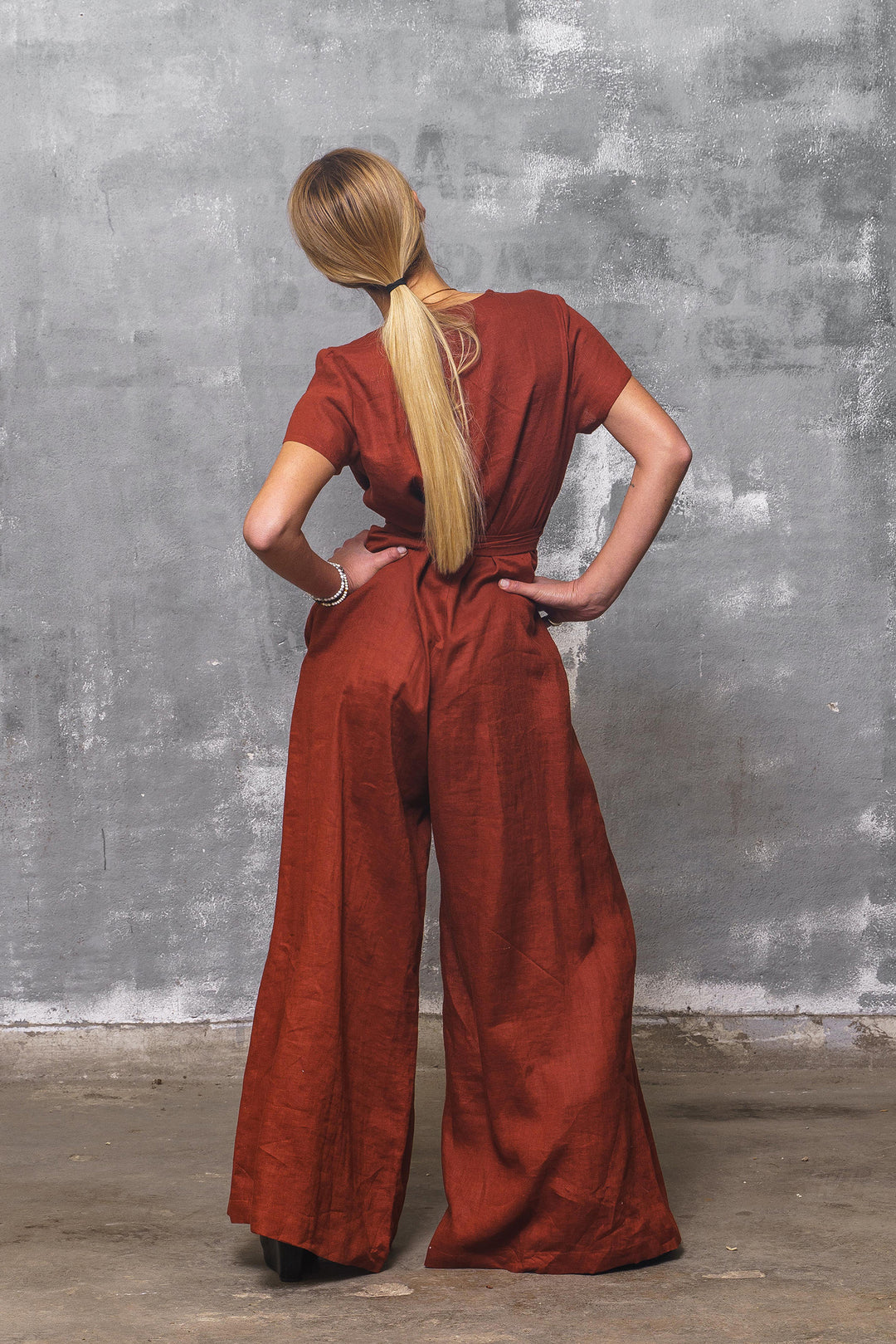 Brick Red Wrap Linen Jumpsuit Women