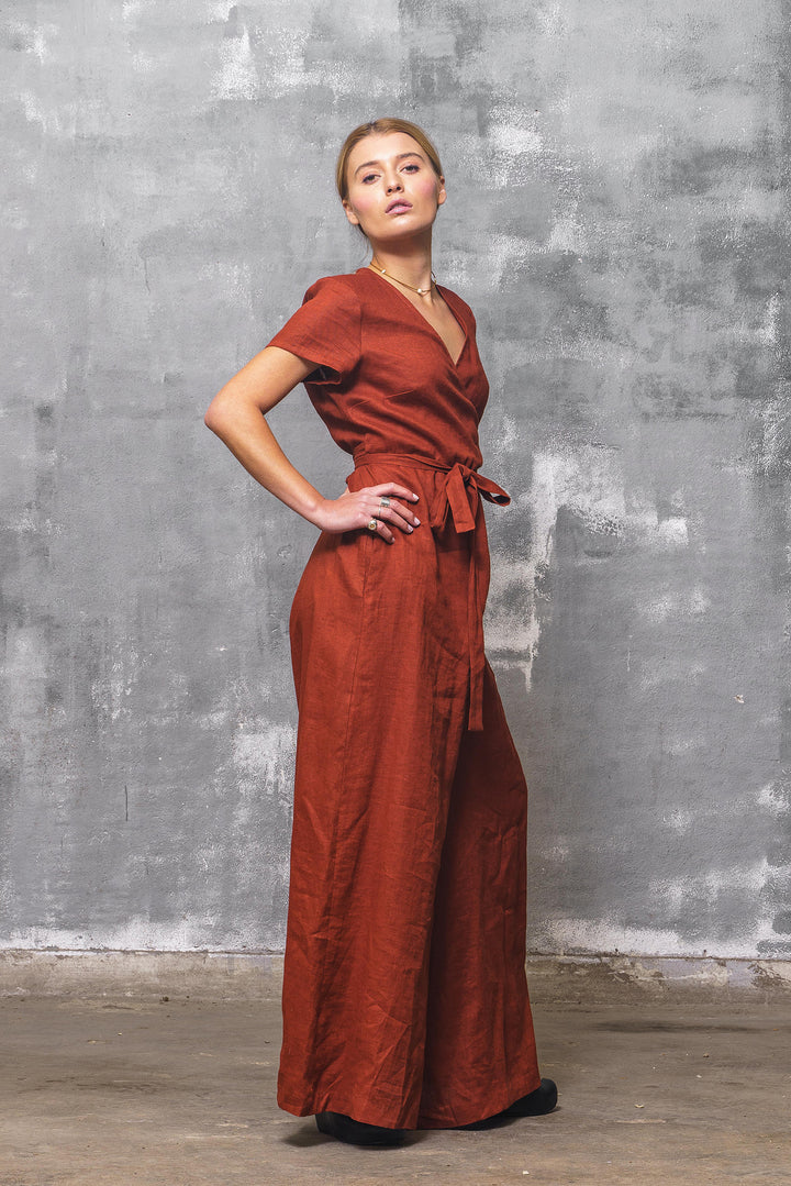 Brick Red Wrap Linen Jumpsuit Women