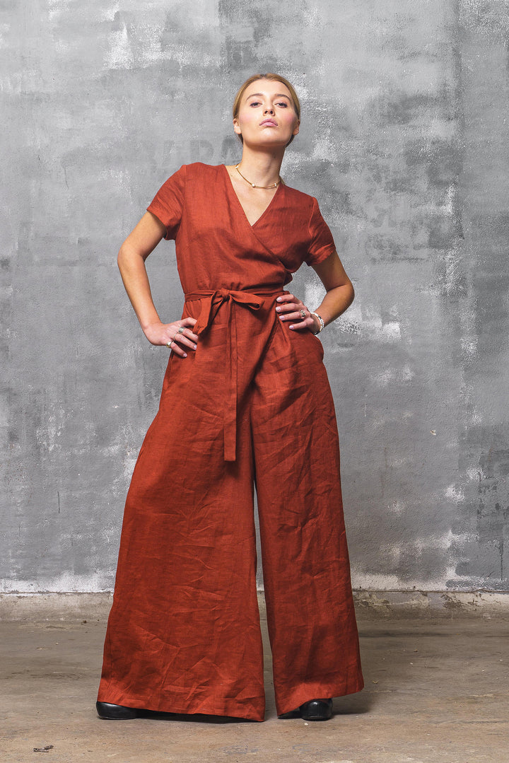 Brick Red Wrap Linen Jumpsuit Women